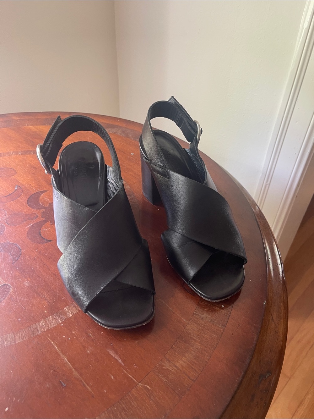Classic Black Leather Crisscross Slingback Heels